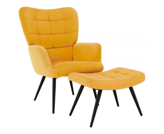 KONDELA Kreslo s podnožou, žltá Velvet látka/čierna, HABEN