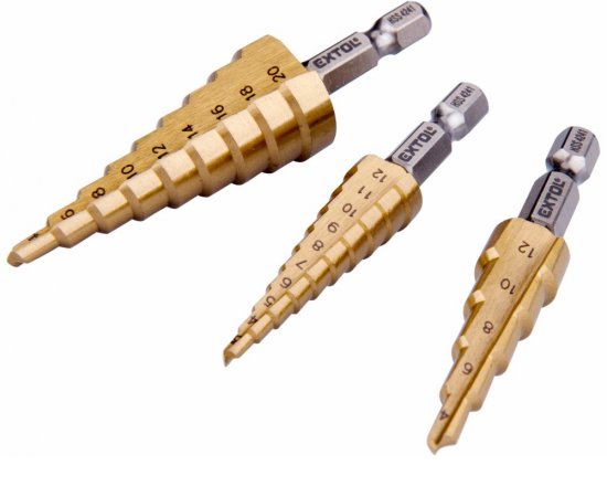 Vrtáky stupňovité, sada 3ks, ø3-12/1mm, ø4-12/2mm, ø4-20/2mm Vrtáky stupňovité, sada 3ks, ø3-12/1mm, ø4-12/2mm, ø4-20/2mm