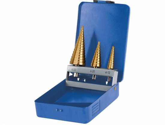 Vrtáky stupňovité TiN, sada 3ks, Ø4-12/1mm, Ø4-20/2mm, Ø4-32/2mm