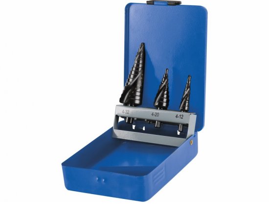 Vrtáky stupňovité, sada 3ks, Ø4-12/1mm, Ø4-20/2mm, Ø4-32/2mm