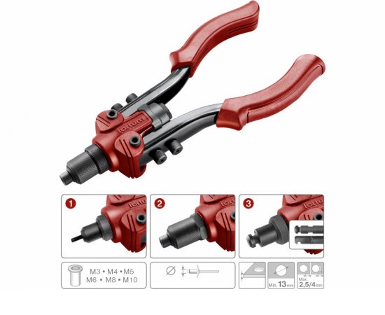 Kliešte nitovacie a vysekávacie 3v1, nity 2,4-6,4mm, matice M3-M10