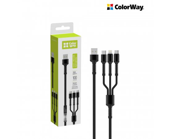 COLORWAY KABEL UNIVERZALNY 3V1 (LIGHTNING+MICROUSB+TYPE-C) 4.0A, 20W, 1.2M, GREY (CW-CBU3003-GR)