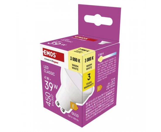 EMOS ZQ8E22 LED ZIAROVKA CLASSIC MR16/GU10 /4 W(39 W)/450 LM/ TEPLA BIELA