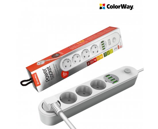 COLORWAY PREDLZOVACI KABEL 4X EUROZASUVKA, 4X USB BIELA (CW-CHE44W)