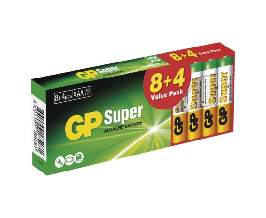 GP SUPER ALKALINE BATTERY 8+4 VALUE PACK (AAA LR03, 1.5V)