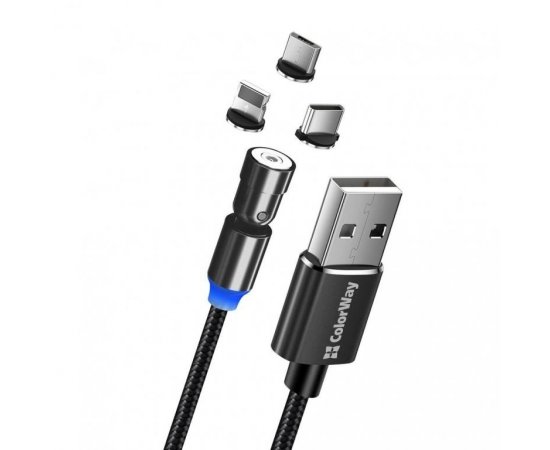 COLORWAY CABLE USB - LIGHTNING+MICROUSB+TYPE-C MAGN. ROTATION 540 2.4A 1M BLACK (CW-CBUU037-BK)
