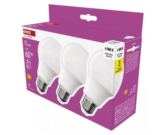 EMOS ZQ5E43.3 LED ZIAROVKA CLASSIC A60 / E27 / 7 W (60 W) / 806 LM / NEUTRALNA BIELA