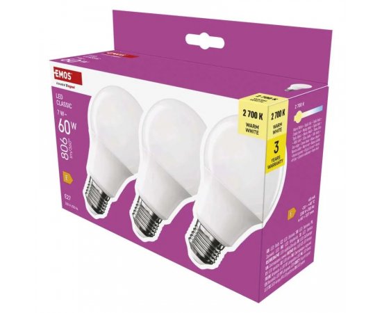 EMOS ZQ5E41.3 LED ZIAROVKA CLASSIC A60 / E27 / 7 W (60 W) / 806 LM / TEPLA BIELA