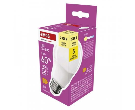 EMOS ZQ5E41 LED ZIAROVKA CLASSIC A60 / E27 / 7 W (60 W) / 806 LM / TEPLA BIELA