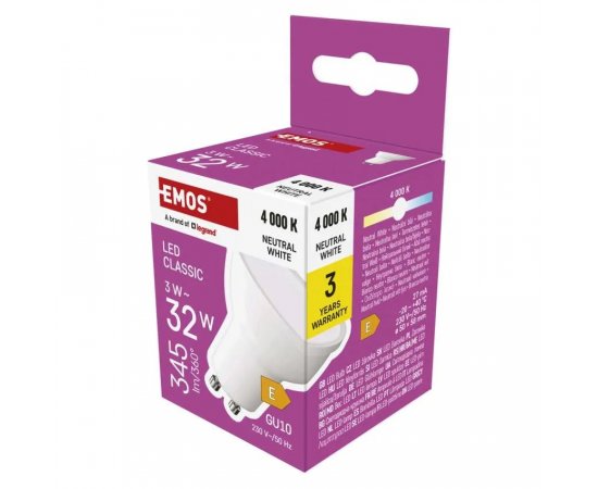 EMOS ZQ8E13 LED ZIAROVKA CLASSIC MR16 BIELA/ GU10 / 3 W (32 W) / 345 LM / NEUTRALNA BIELA
