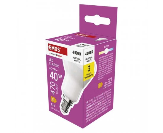 EMOS ZQ7E23 LED ZIAROVKA CLASSIC R50 / E14 / 4,2 W (40 W) / 470 LM / NEUTRALNA BIELA