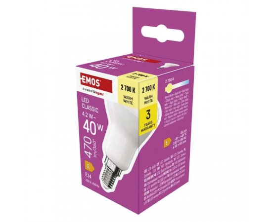 EMOS ZQ7E21 LED ZIAROVKA CLASSIC R50 / E14 / 4,2 W (40 W) / 470 LM / TEPLA BIELA