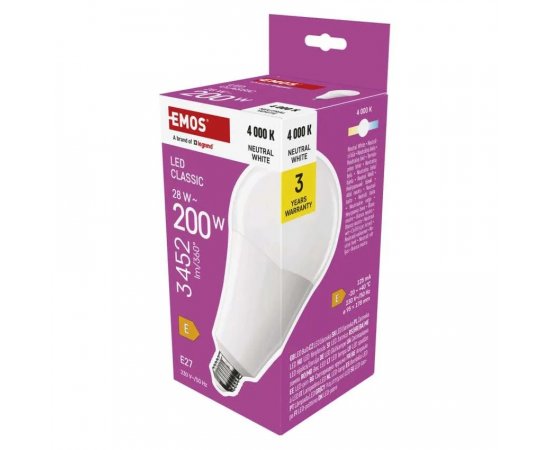 EMOS ZQ5E93 LED ZIAROVKA CLASSIC A95 / E27 / 28 W (200 W) / 3452 LM / NEUTRALNA BIELA