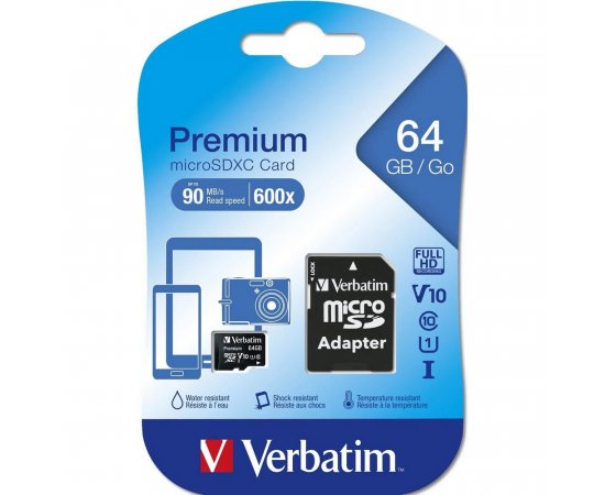 VERBATIM SDXC 64GB MICRO PAMATOVA KARTA PREMIUM UHS-I (U1) (70MB/S), V10, CLASS 10 + ADAPTER