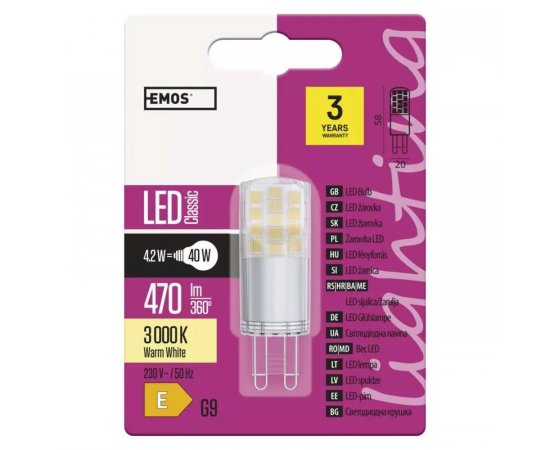 EMOS ZQ9542 LED ZIAROVKA CLASSIC JC 4,2W G9 TEPLA BIELA