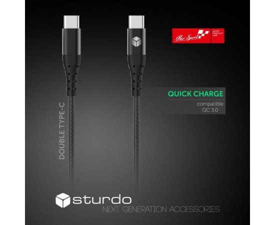 STURDO KAB-0080-STU-TYPEC TEXTILNY KABEL 2X USB TYPE C, CIERNY, 1M, 2,4 A