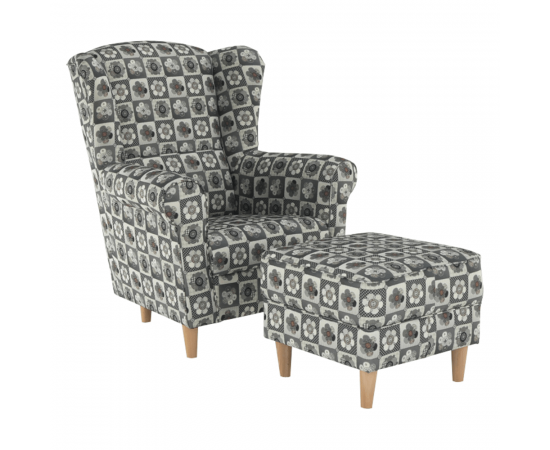 KONDELA Kreslo ušiak s taburetom, látka patchwork N1, ASTRID