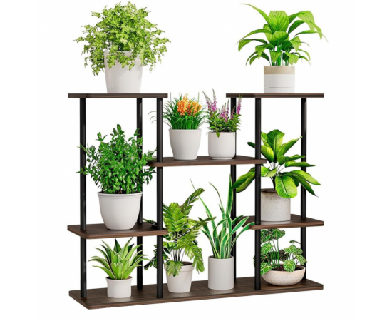 KONDELA Kovový stojan na kvety, čierna/rustikálne drevo, LEDER