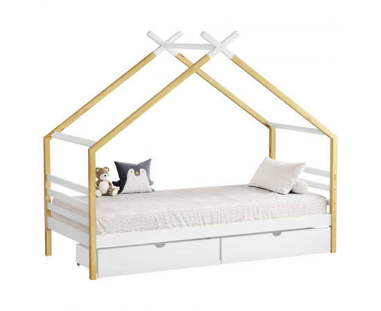 KONDELA Montessori posteľ, biela/hnedá, 90x200, TARA