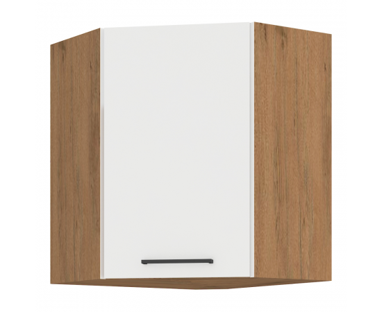 KONDELA Horná rohová skrinka, biela extra vysoký lesk HG/dub lancelot, VEGA 58x58 GN-72 1F