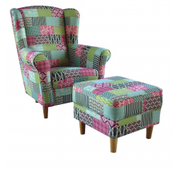 KONDELA Kreslo ušiak s taburetom, látka patchwork M1, ASTRID