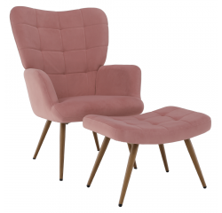 KONDELA Kreslo s podnožou, ružová Velvet látka/dub, HABEN